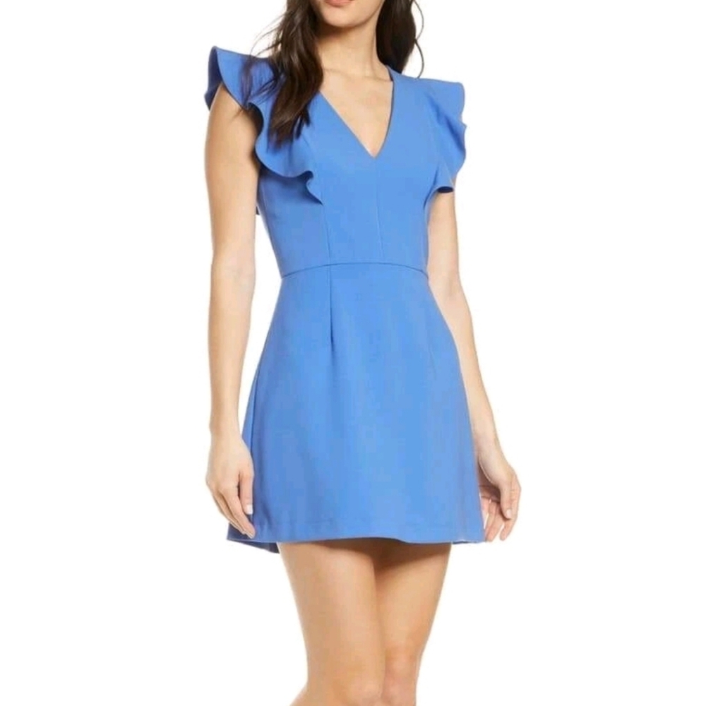 FRENCH CONNECTION Blue Whisper V-Neck Ruffle Cocktail Mini Dress NWT - Size 10